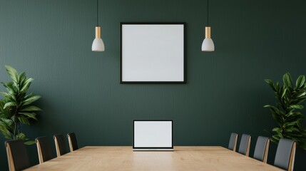 Poster - Modern conference room with laptop showing blank screen and empty frame on green wall