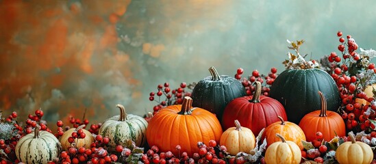 Fototapete - Fall backdrop featuring orange red and green pumpkins along with snowberry decorations for social media. with copy space image. Place for adding text or design