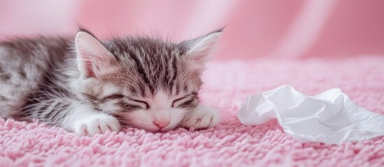 Aufkleber - The kitten is resting on a pink carpet with a white tissue nearby and a plank backdrop. with copy space image. Place for adding text or design