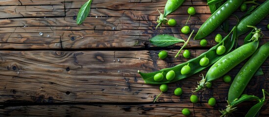 Aufkleber - Fresh green pea pods on an aged rough wooden surface top view copy space