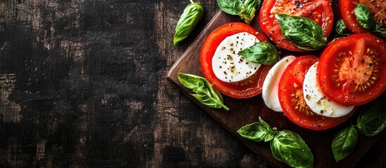 Aufkleber - Italian Caprese Salad featuring sliced tomatoes mozzarella and basil on dark boards Copyspace
