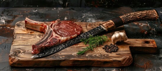 Poster - Traditional raw dry aged wagyu tomahawk steak in close up on a weathered rustic board with a large knife. with copy space image. Place for adding text or design