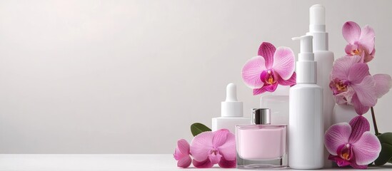 Aufkleber - Pink orchid and several glass bottles on a white background Spa theme Cosmetic containers Eco friendly natural cosmetics Copy space