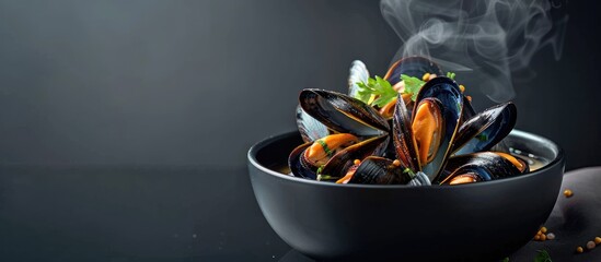 Fototapete - Delicious cooked mussels in a creamy sauce Copyspace