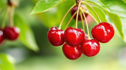 Wall Mural - Bright red cherries dangle from a tree branch surrounded by vibrant green leaves, shining in the warm sunlight of summer