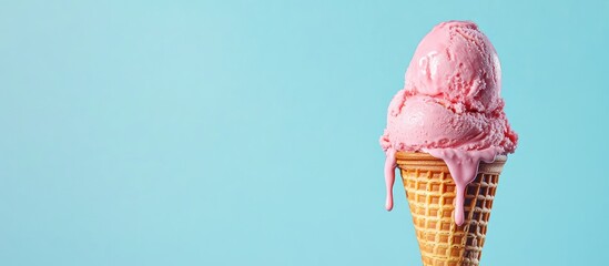 Poster - Strawberry ice cream dripping and overflowing from the waffle cone against a blue background Minimalist summer food theme Empty copyspace