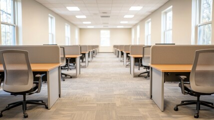 Poster - Modern spacious office with empty desks and chairs promoting professional collaboration