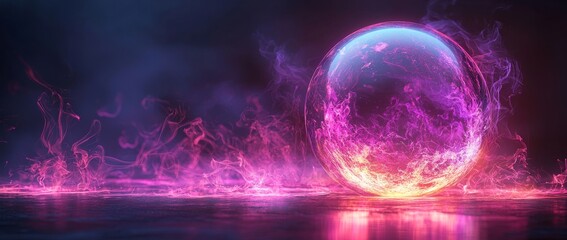 Poster - A radiant purple background with a glowing sphere at its center, representing a core atom energy ball, surrounded by swirling waves of energy rays