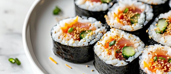 Leinwandbilder - Rolled sushi with tuna cheddar cheese rice nori cream cheese and cucumber close up isolated on a white plate with copy space
