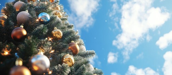 Wall Mural - Adorned Christmas tree set against a blue sky backdrop. with copy space image. Place for adding text or design