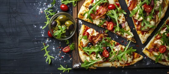 Poster - Flatbread Traditional classic Italian homemade thin crispy flatbread made from scratch topped with bacon arugula olives chicken and mozzarella drizzled with extra virgin olive oil and seasoned with