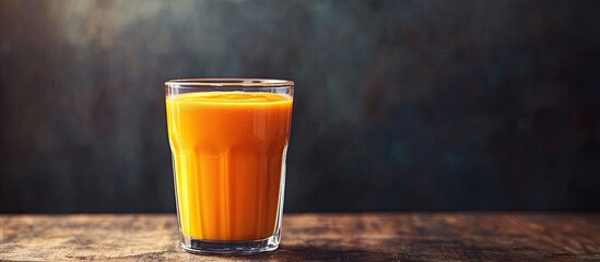 Aufkleber - Orange pumpkin and carrot juice blended in a tumbler glass on a walnut table with a shallow focus. with copy space image. Place for adding text or design