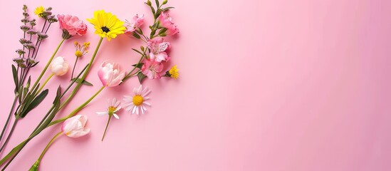 Fototapete - Bright vibrant Spring flowers on a soft pink background Artistic love arrangement with copyspace Minimalist theme Aesthetic flat lay