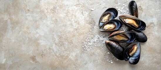 Aufkleber - Mussels on a stone concrete surface Top view copy space Square crop