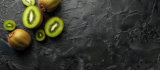 Fototapete - Ripe whole kiwi and halved kiwi fruits on a black concrete stone background top view. with copy space image. Place for adding text or design