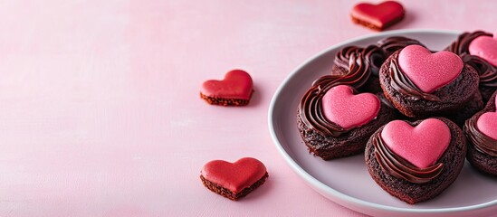 Aufkleber - Valentine s Day Heart shaped red velvet or brownie cookies topped with chocolate icing on a pink background A dessert option for Valentine s Mother s or Women s Day A delicious homemade dessert cak