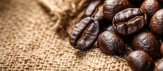 Poster - Roasted coffee beans resting on burlap Panorama area for text Copyspace