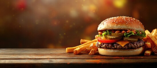 Poster - Beef hamburger sandwich topped with aubergine paste corn beans pickles sliced mushrooms red bell pepper and fried french fries on a wooden table Copy space for text area