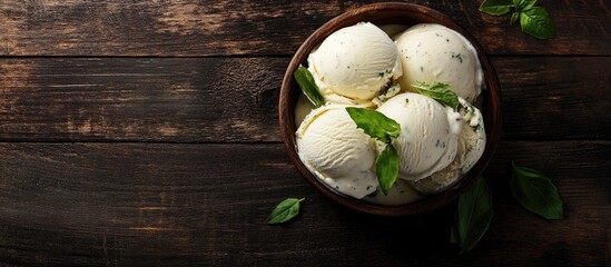 Aufkleber - Vegan herb and vegetable ice cream on a dark wooden table with copyspace