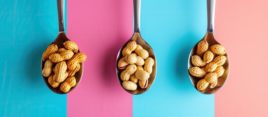 Wall Mural - Spoons filled with delicious peanuts on a colorful background. with copy space image. Place for adding text or design