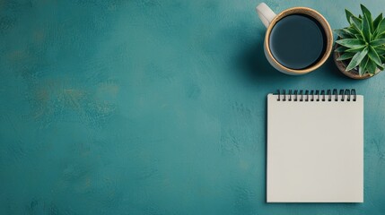 Aufkleber - Notebook, coffee cup and succulent plant on textured teal background promoting creativity and relaxation