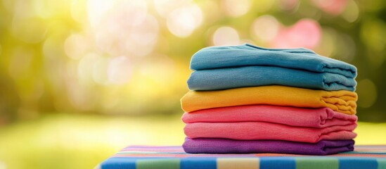 Poster - Stack vibrant clothing A pile of neatly folded cotton shirts on a colorful table with space available for your product display montage against an abstract blurred natural light green backdrop Summer
