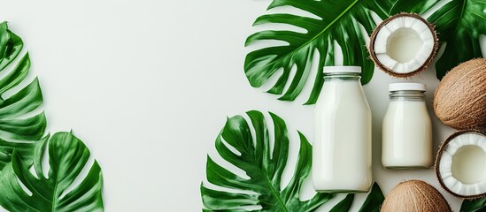 Poster - Coconut milk in bottles and fresh coconut on green leaves with a white background viewed from above and featuring copy space