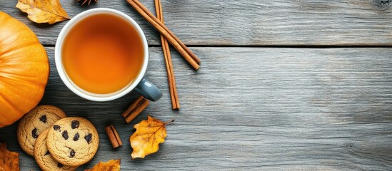 Aufkleber - Autumn flat lay featuring a pumpkin cookies a clay cup of tea and cinnamon chopsticks on a gray wooden surface Fall theme with copyspace Top view