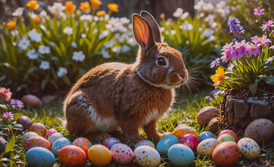 Poster - Brown rabbit is sitting on a bed of Easter eggs. The eggs are scattered around the rabbit, with some closer to the rabbit and others further away