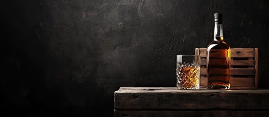 Aufkleber - Whiskey in a glass and bottle beside a wooden crate on a dark table with a black background Space for text. with copy space image. Place for adding text or design