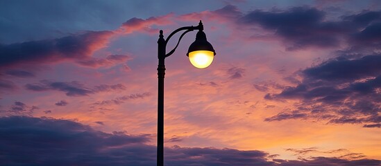 Aufkleber - Black light post shining against a backdrop of clouds lit by the sunset. with copy space image. Place for adding text or design