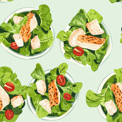 Wall Mural - Caesar salad with grilled chicken digital graphic, Caesar salad with grilled chicken seamless pattern