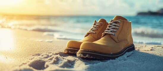 Poster - Footwear on beach sand. with copy space image. Place for adding text or design