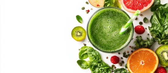 Leinwandbilder - Green smoothie with fruits and vegetables set against a white background. with copy space image. Place for adding text or design