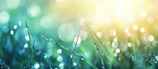 Aufkleber - Dewdrops in a blurred bokeh on green spring grass in the morning sunlight Soft selective focus Natural backdrop Copy space