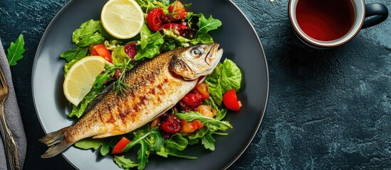 Poster - Fillet O Fish on a plate accompanied by salad and tea. with copy space image. Place for adding text or design