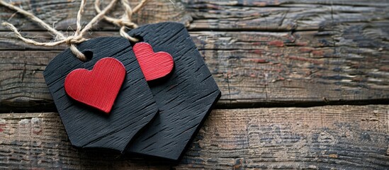 Poster - Black wooden tag featuring red hearts on a wooden backdrop Simple and minimalistic design suitable for advertising business and commercial use Copy space for text Concept of love photography
