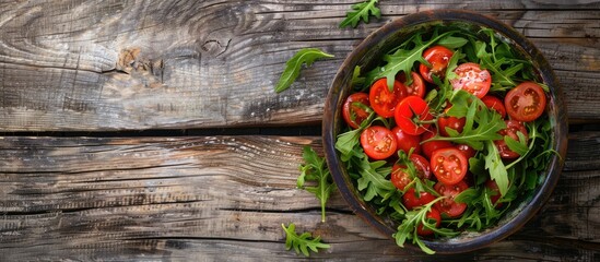 Poster - Close up of a healthy salad featuring tomatoes in a vintage bowl on a rustic wooden surface Top view copy space