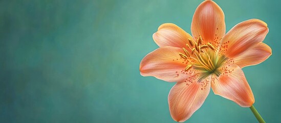 Poster - A single flower against a green background Vivid and radiant colors showcasing the details of the stamens and pistils. with copy space image. Place for adding text or design