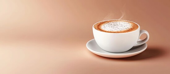 Poster - The hot cappuccino cup adorned with milk foam and dusted with coffee powder creates a delightful experience when enjoyed accompanied by copy space