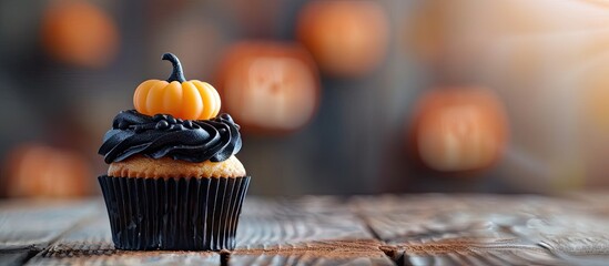 Fototapete - Halloween muffin Cupcake topped with black cream and tasty pumpkins Halloween themed food Copy space
