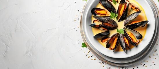 Wall Mural - Delicious cooked mussels in a creamy sauce Copyspace