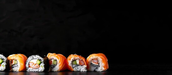 Leinwandbilder - Sushi rolls maki and nigiri set presented on a dark background with copy space Takeaway food idea