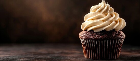 Poster - Chocolate cupcake topped with cream against a dark background. with copy space image. Place for adding text or design
