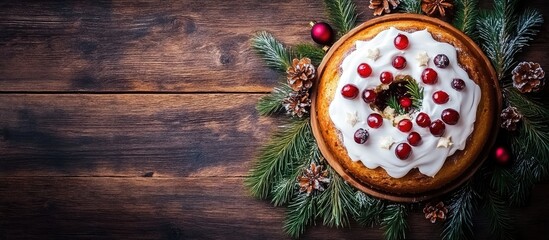 Aufkleber - Christmas Pudding a Fruit Cake adorned with icing and cranberries on a rustic wooden table with copyspace viewed from above Traditional homemade Christmas dessert Christmas Pudding