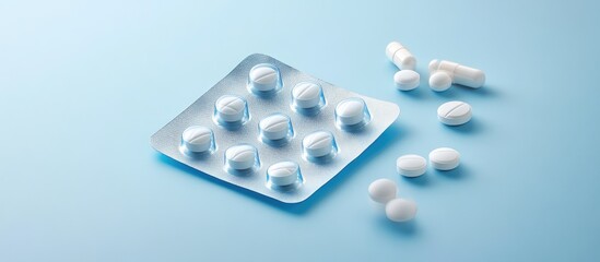 Poster - Used empty blister package and various pills on a blue background. with copy space image. Place for adding text or design