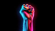 © Vincent Goh Studio - freedom: colorful glowing neon hand holding fist, dark background