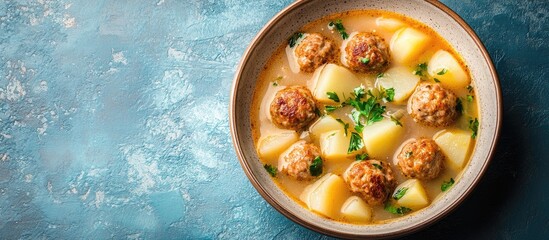 Poster - Beige bowl with meatball and potato soup top view on a blue stone background with copyspace vertical shot