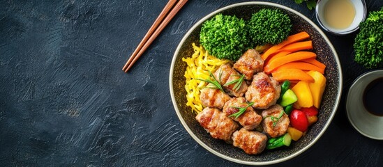 Fototapete - Japanese style pork and herbal oba patty accompanied by mixed vegetables providing a comforting meal. with copy space image. Place for adding text or design