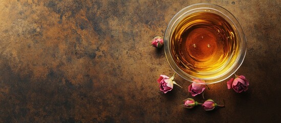 Poster - Middle Eastern Arab cuisine Herbal tea with rose buds copyspace top view